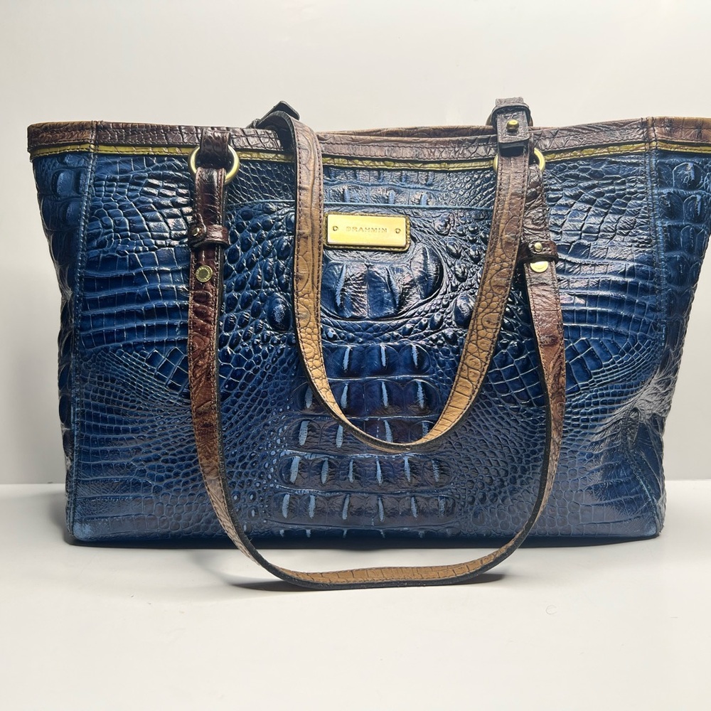 Brahmin Blue and Brown Tote Bag with Leather Accents